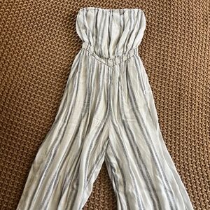 Silence and Noise Urban Outfitters White Blue Stripe Flowy Strapless Jumpsuit S